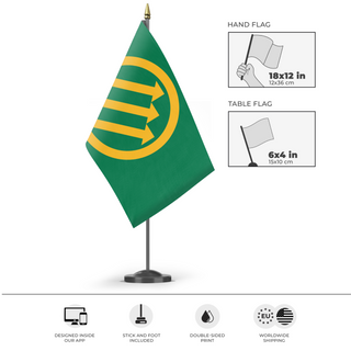 A mockup of the custom flag 'Identitarian flag' as a desk flag and small hand waving flag