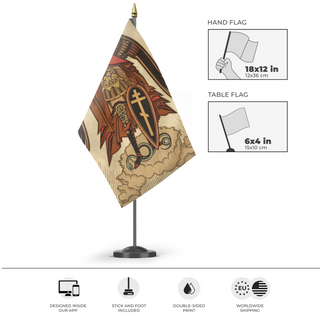 A mockup of the custom flag 'Flag of St. Michael' as a desk flag and small hand waving flag