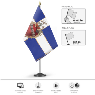 A mockup of the custom flag 'Immaculate Heart of Mary flag' as a desk flag and small hand waving flag
