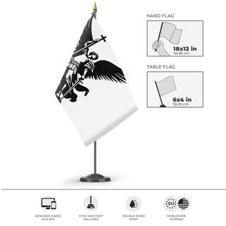 A mockup of the custom flag 'Victory Banner of St. Michael flag' as a desk flag and small hand waving flag