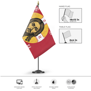 A mockup of the custom flag 'Mandylion Face of Christ flag' as a desk flag and small hand waving flag