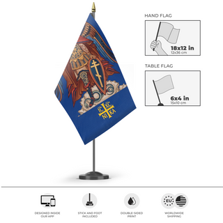 A mockup of the custom flag 'Archangel St. Michael flag' as a desk flag and small hand waving flag
