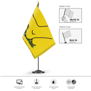 A mockup of the custom flag 'I Specifically Requested the Opposite of This flag' as a desk flag and small hand waving flag