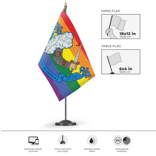 A mockup of the custom flag 'Gostelowe No.10 Pride flag' as a desk flag and small hand waving flag