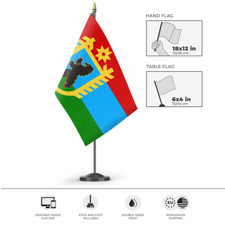 A mockup of the custom flag 'Karelian Coat of Arms flag' as a desk flag and small hand waving flag