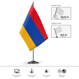 A mockup of the custom flag 'test flag' as a desk flag and small hand waving flag