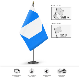 A mockup of the custom flag 'Cubeland flag' as a desk flag and small hand waving flag