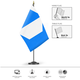A mockup of the custom flag 'Cubeland flag' as a desk flag and small hand waving flag