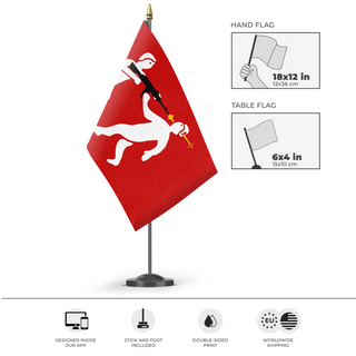 A mockup of the custom flag 'Principality of Monteverre flag' as a desk flag and small hand waving flag
