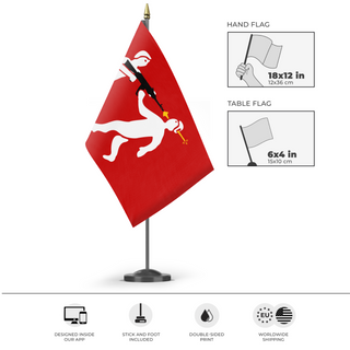 A mockup of the custom flag 'Principality of Monteverre flag' as a desk flag and small hand waving flag
