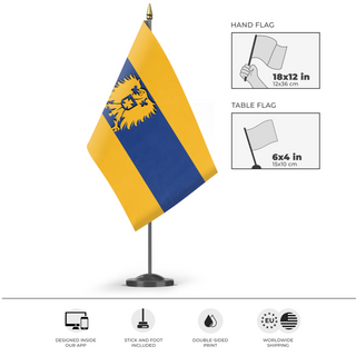 A mockup of the custom flag 'Flag' as a desk flag and small hand waving flag