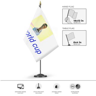 A mockup of the custom flag 'FIFA 2026 World Cup flag' as a desk flag and small hand waving flag