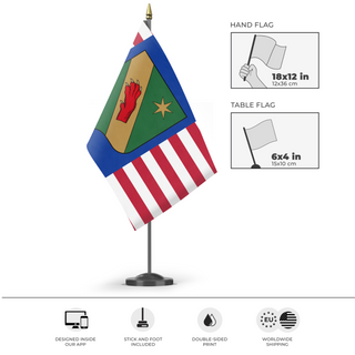 A mockup of the custom flag 'Special-Speciale Family flag' as a desk flag and small hand waving flag