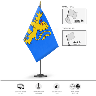 A mockup of the custom flag 'Apartment 4A Flag' as a desk flag and small hand waving flag