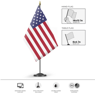 A mockup of the custom flag 'Flag of the United States' as a desk flag and small hand waving flag