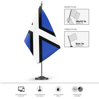 A mockup of the custom flag 'Feroransian flag' as a desk flag and small hand waving flag