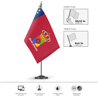 A mockup of the custom flag 'North American Crown Handle flag' as a desk flag and small hand waving flag
