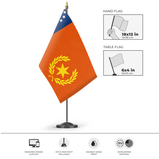 A mockup of the custom flag 'North American Wealth and 6 Pointed Star Handle flag' as a desk flag and small hand waving flag