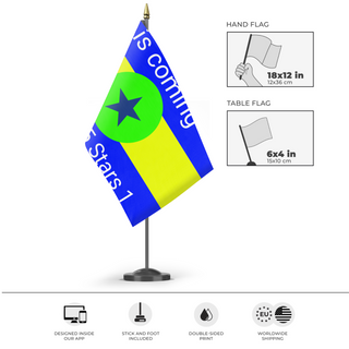 A mockup of the custom flag 'Toy Story 5 star 1 flag' as a desk flag and small hand waving flag