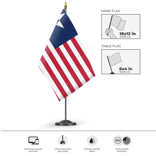 A mockup of the custom flag 'The Tyranny of King Washington flag' as a desk flag and small hand waving flag