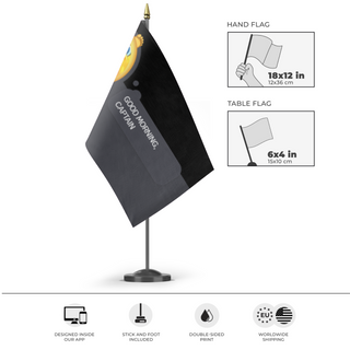 A mockup of the custom flag 'Stare flag' as a desk flag and small hand waving flag