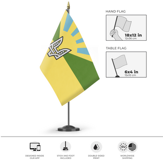 A mockup of the custom flag 'SPUR flag' as a desk flag and small hand waving flag