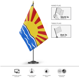 A mockup of the custom flag 'SI Garden flag' as a desk flag and small hand waving flag