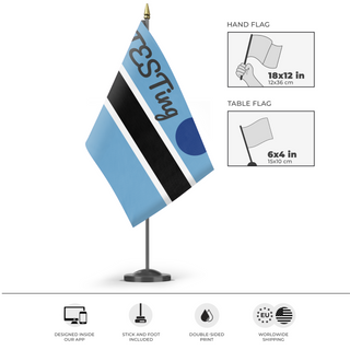 A mockup of the custom flag 'test flag' as a desk flag and small hand waving flag