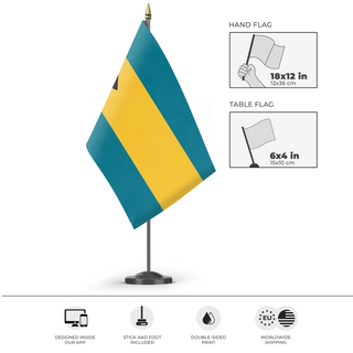 A mockup of the custom flag 'test flag' as a desk flag and small hand waving flag