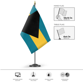A mockup of the custom flag 'test flag' as a desk flag and small hand waving flag