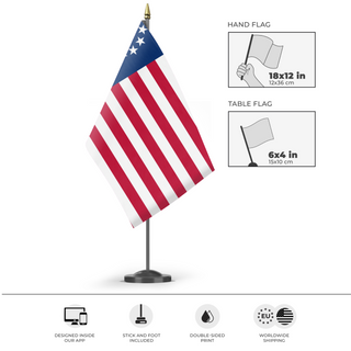 A mockup of the custom flag 'United States Semiquincentennial flag' as a desk flag and small hand waving flag
