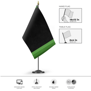 A mockup of the custom flag 'NightcadiaSWColonies flag' as a desk flag and small hand waving flag