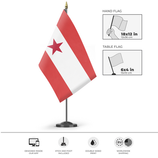 A mockup of the custom flag 'Communist Austria flag' as a desk flag and small hand waving flag