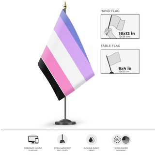A mockup of the custom flag 'Omniace flag' as a desk flag and small hand waving flag