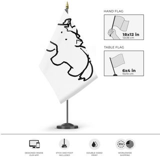 A mockup of the custom flag 'Cloppy flag' as a desk flag and small hand waving flag