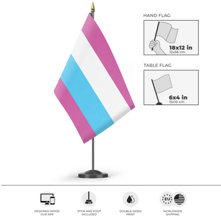 A mockup of the custom flag 'Femboy Clique flag' as a desk flag and small hand waving flag