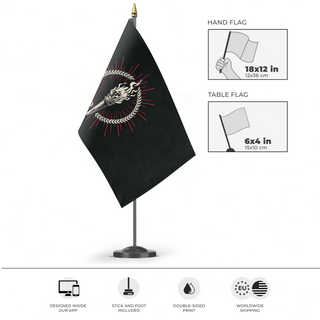 A mockup of the custom flag 'veritas victrix flag' as a desk flag and small hand waving flag