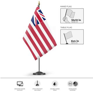 A mockup of the custom flag 'U.S. Brittish colonies flag' as a desk flag and small hand waving flag