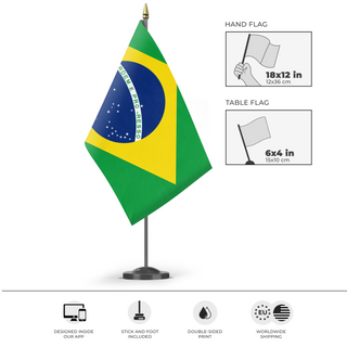A mockup of the custom flag 'test flag' as a desk flag and small hand waving flag