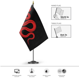 A mockup of the custom flag 'Red Rattlesnake flag' as a desk flag and small hand waving flag