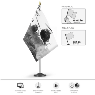 A mockup of the custom flag 'Vietnam Helicopter Pilots Association flag' as a desk flag and small hand waving flag