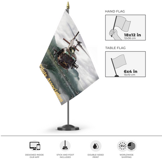 A mockup of the custom flag 'Vietnam Helicopter Pilots Association flag' as a desk flag and small hand waving flag