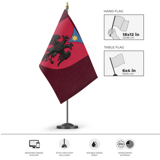 A mockup of the custom flag 'Personal Custom Coat of Arms flag' as a desk flag and small hand waving flag