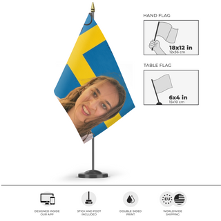 A mockup of the custom flag 'Luisa mini flag' as a desk flag and small hand waving flag