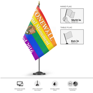 A mockup of the custom flag 'Stonewall National Monument Flag' as a desk flag and small hand waving flag