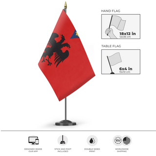 A mockup of the custom flag 'Example Heraldic Flag' as a desk flag and small hand waving flag