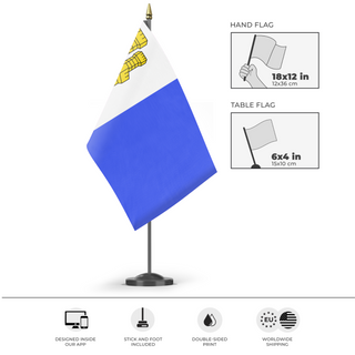 A mockup of the custom flag 'Porto Dourado flag' as a desk flag and small hand waving flag