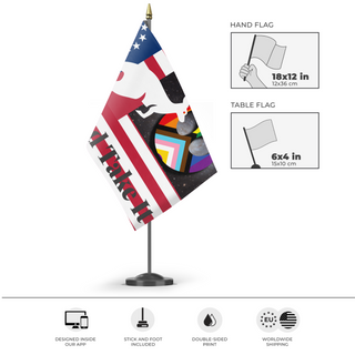 A mockup of the custom flag 'test flag' as a desk flag and small hand waving flag