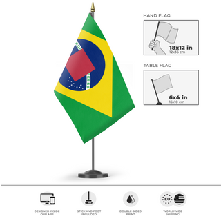 A mockup of the custom flag 't flag' as a desk flag and small hand waving flag