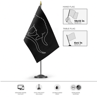 A mockup of the custom flag 'Catsden flag' as a desk flag and small hand waving flag